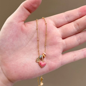 Sweet Heart Necklace Gold Plated Copper Jewelry With Pink Enamel Pendant And Colorful Zircon For Women Korean Style