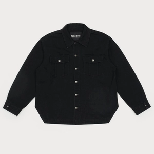 Classic black washed denim oversized shirt jacket with metal star buttons and dual chest pockets