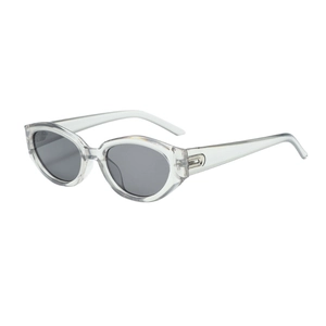 Cat eye sunglasses with clear transparent frames and dark gray lenses for women