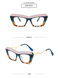 Cat eye blue light glasses with pink-blue gradient frames and wavy gold metal temples