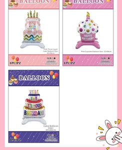 Three-tier birthday cake and cupcake foil balloons with dimensions for party decor