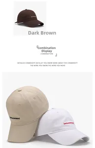Detail of embroidered lettering on cotton baseball caps in brown, beige, and white colors
