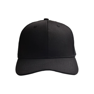 Classic black trucker hat with mesh back and cotton front panel for outdoor sun protection