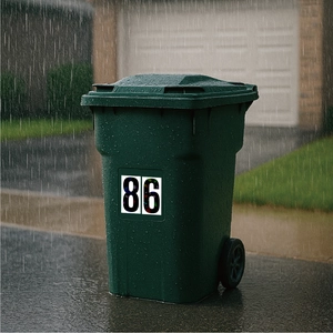 Waterproof reflective vinyl number 86 sticker applied to green bin in rainy outdoor scene