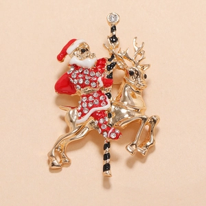 European creative Santa Claus on reindeer brooch pin with colorful enamel and sparkling crystals