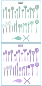 Detail of mint green and purple silicone cooking utensil sets with stainless handles
