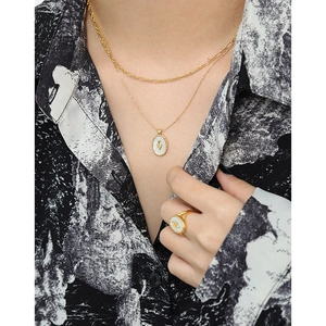 S925 sterling silver gold tulip shell pendant necklace and oval ring set for women