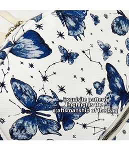 Detail of blue butterfly and star print on canvas backpack with golden zipper