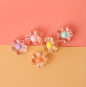 Detailed view of colorful acrylic daisy charms in five bright colors for DIY craft jewelry