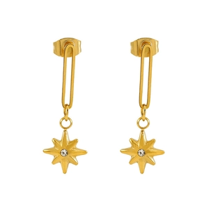 Detail of 18K gold-plated star drop earrings featuring a sparkling central zircon stone