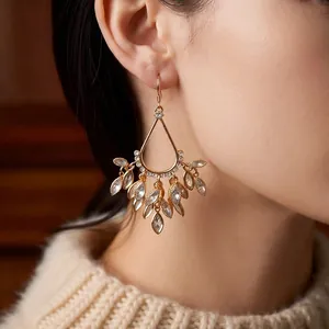 18k gold plated teardrop tassel earrings with sparkling cubic zirconia in vintage style