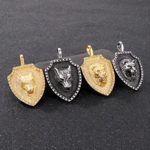 Men Stainless Steel Lion Wolf Head Shield Pendant Necklace With Rhinestones Hip Hop Punk Rock Jewelry
