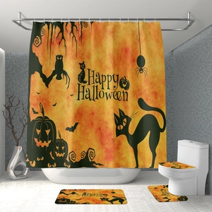 Detail of waterproof Halloween bathroom set with orange gradient and black silhouettes