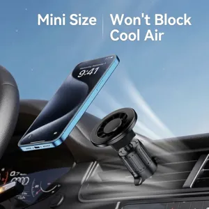 Mini magnetic car phone mount for air vent shown with a blue smartphone attached