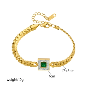 Elegant 18K gold Cuban chain bracelet with emerald square pendant and tiny diamonds