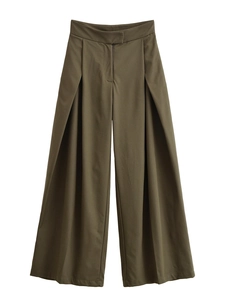 Flat lay of high-waisted olive green wide-leg trousers with crisp fabric texture details