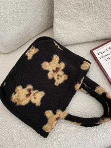 Cute black plush teddy bear tote bag made of soft faux shearling with top handles