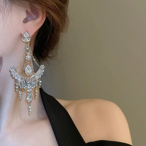 Macro shot of silver crystal tassel earrings with sparkling teardrop rhinestones