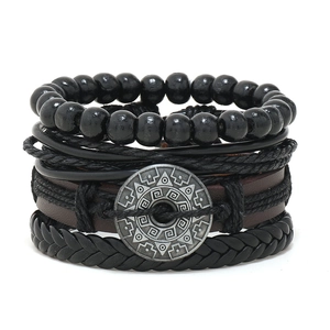 Retro Men Hand-woven Multi-layer Leather Bracelet Set Alloy Charms Beads Vintage Punk Adjustable Wristband Jewelry Gift