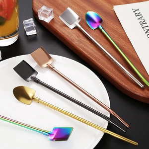 304 stainless steel square shovel straw spoon set in multiple colors for coffee stirring