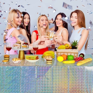 Holographic shimmering rainbow tablecloth for party decoration with celebratory scene