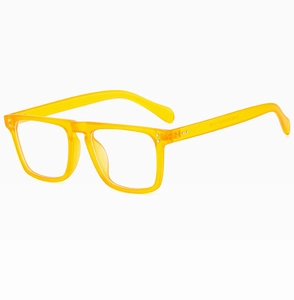 Detail shot of yellow transparent square frames with SM 1313 model engraving and CE mark