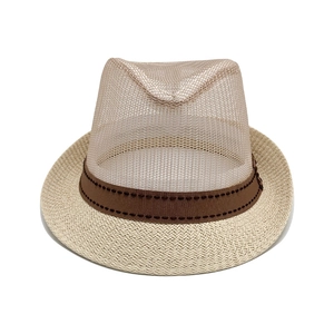 Breathable beige mesh fedora hat for sun protection with a brown ribbon accent