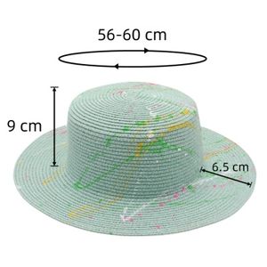 Detailed size chart of hand-painted straw hat with 9cm height and 6.5cm brim measurements