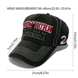 Size chart for washed baseball cap showing head circumference and brim measurements