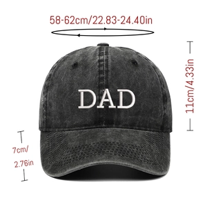 Detail view of washed cotton DAD baseball cap with precise dimensions and embroidery