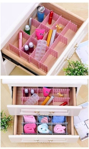 Adjustable plastic drawer dividers showing slot assembly for organizing cosmetics and socks
