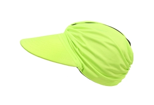 Detail view of fluorescent green sun visor with ruched fabric and reinforced stitching