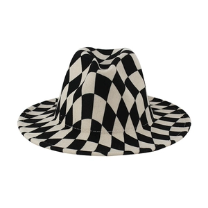 Classic wide brim fedora hat with a black and white checkerboard felt pattern