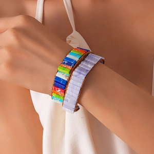 Boho woven leather wrap bracelet featuring colorful rectangle stone beads and texture