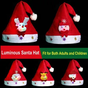 LED Christmas Hat Plush Cloth Light Up Cartoon Santa Snowman Reindeer For Adults Kids Party Decor Holiday Accessories