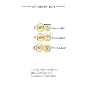 Detailed size chart for 925 silver stud earrings set with AAAAA zirconia dimensions