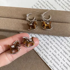 Rocking Horse Earrings With 925 Sterling Silver Earring Post Resin Zircon Inlay Retro Vintage Jewelry For Women