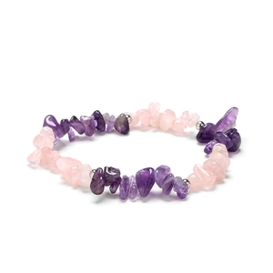 Detailed view of natural purple amethyst and rose quartz stone bracelet with silver beads