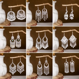 Bohemian Ethnic Tassel Drop Earrings Vintage Silver Color Alloy Hollow Filigree Dangle Earrings For Women