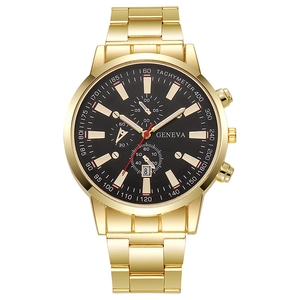 Detail of Geneva gold steel watch with black chronograph dial and calendar window