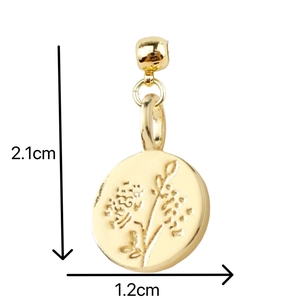 Detailed size view of a 1.2cm round golden floral pendant with embossed botanical pattern