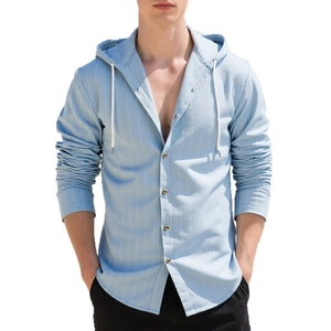 Men's light blue vertical striped hooded linen shirt with long sleeves and drawstring
