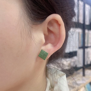 Minimalist 18k gold plated hexagonal stud earrings with green zircon insets for women
