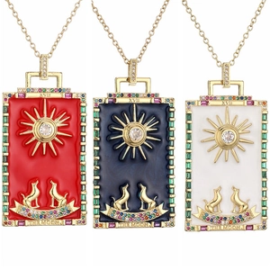 Tarot Card Pendant Necklace Gold Plated Copper Colorful Zircon Enamel Vintage Rectangular Jewelry For Women Men