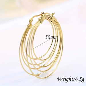 Detailed view of 50mm gold stainless steel hoop earrings with 6.5g weight specification