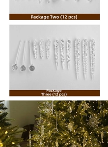 Macro detail of transparent crystal snowflakes and icicle ornaments for Christmas tree decor