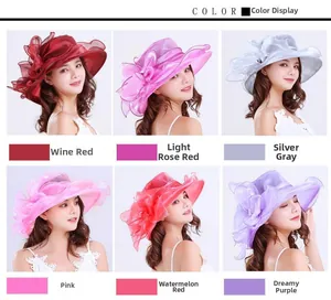 Detail view of wide brim organza sun hats with flower accents in six elegant colors