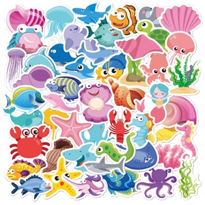 Detail view of various ocean-themed waterproof cartoon stickers with cute sea animals