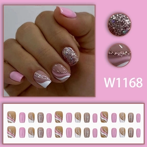 Pink ripple glitter press-on nail kit with wavy designs and silver sparkles 24pcs set