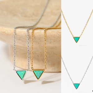 Minimalist Triangle Green Opal Pendant Necklace Stainless Steel Cross Chain Geometric Fashion Jewelry For Women